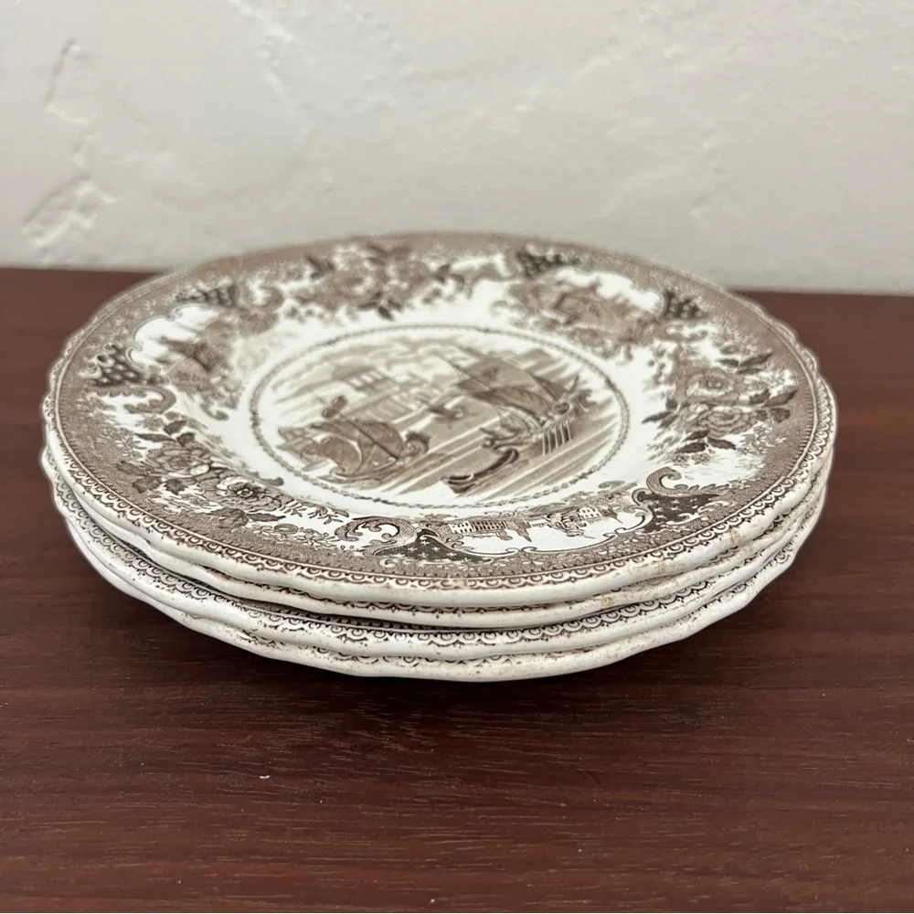 Set 4 Antique English Transferware Gondola Boat Brown White Scallop Plates 1830s
